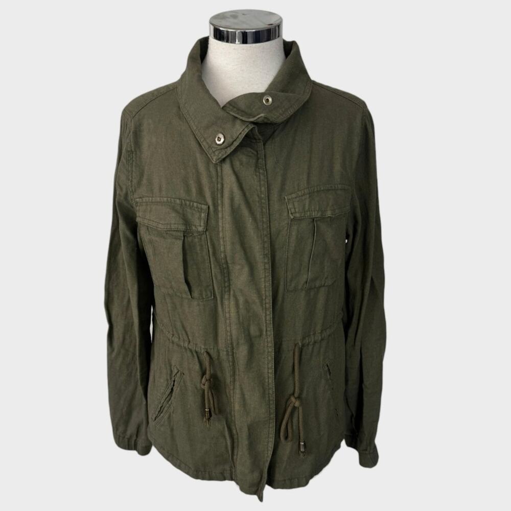 Old Navy Small Snap Front and Full Zipper Olive Green Barn Jacket Linen Blend